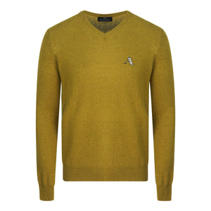 Aquascutum Check A Logo Dark Yellow V-Neck Jumper - Nova Clothing