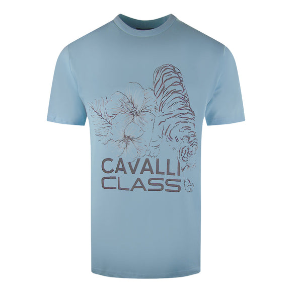 Cavalli Class Floral Tiger Design Light Blue T Shirt Sxt60A Jd060 05048