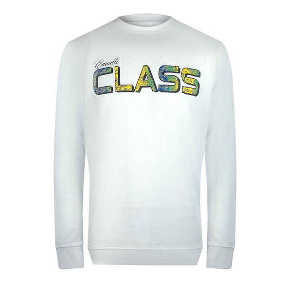 Cavalli Class Txt66H Cf050 00533 Off White Round Neck Sweatshirt Mens