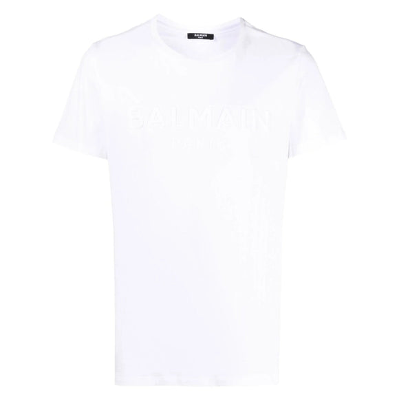 BALMAIN YH1EF000BB20 Balmain Paris Embossed Logo White T-Shirt 0FA WHITE T-SHIRT MALE S