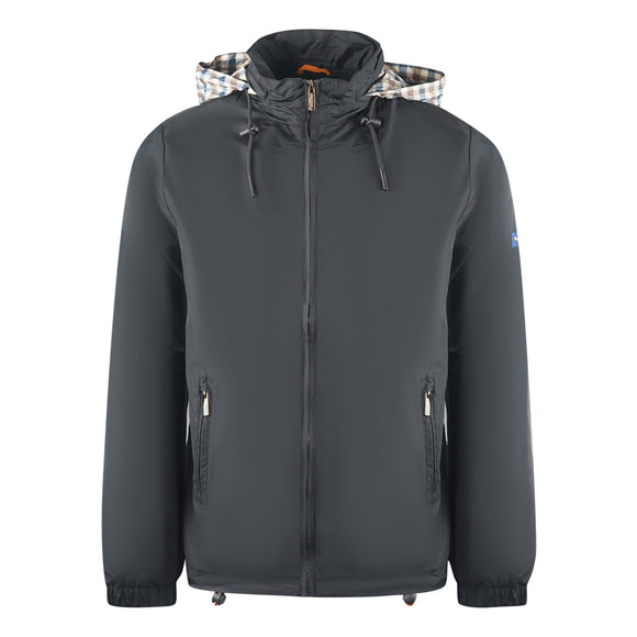 Aquascutum Plain Black Hide Hood Lightweight Jacket