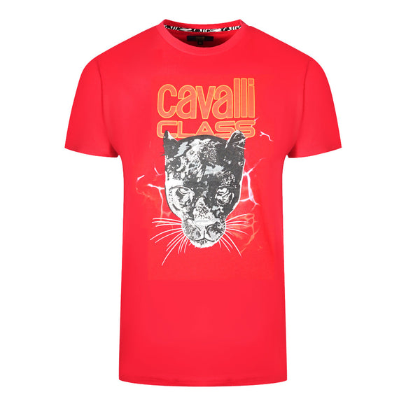 Cavalli Class Lightning Panther Design Red T Shirt