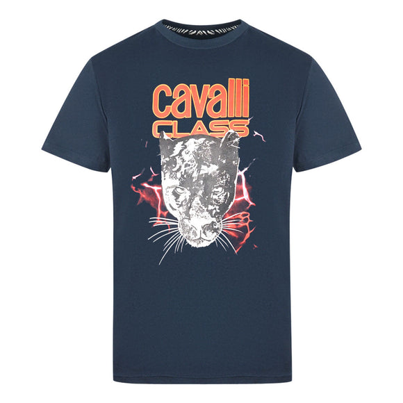 Cavalli Class Lightning Panther Design Navy T Shirt