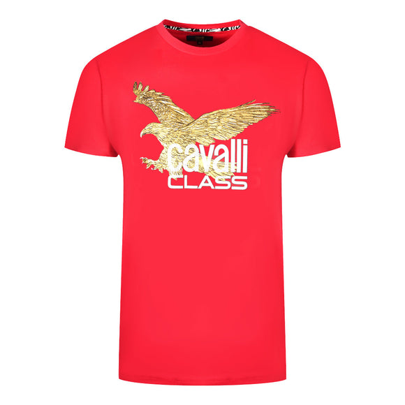Cavalli Class Gold Eagle Logo Red T Shirt