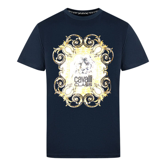 Cavalli Class Bold Tiger Emblem Design Navy T Shirt