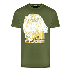 Cavalli Class Large Tiger Logo Green T Shirt