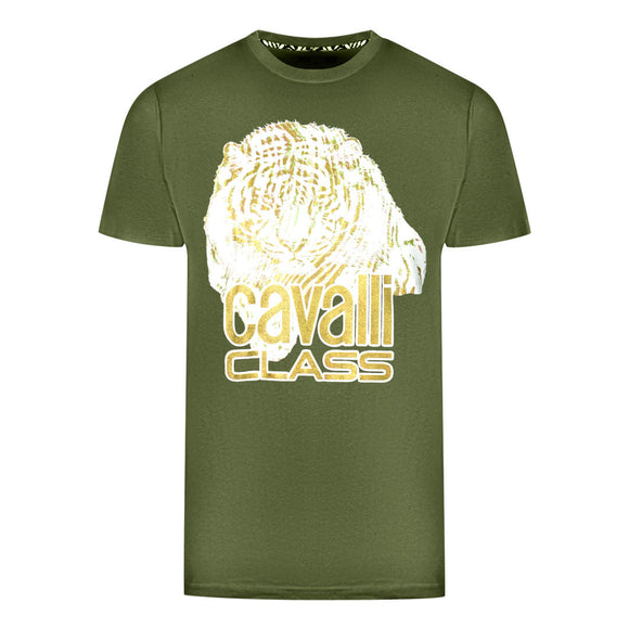 Cavalli Class Large Tiger Logo Green T Shirt